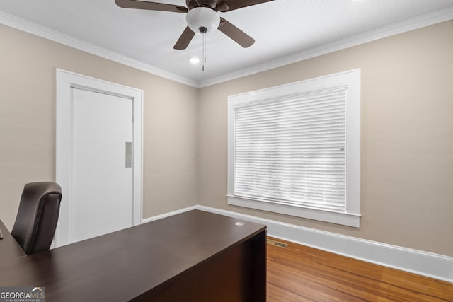 109 Stockbridge Rd, Jonesboro, GA 30236 - unfurnished office featuring ceiling fan, wood finished floors, crown molding, recessed lighting, and baseboards