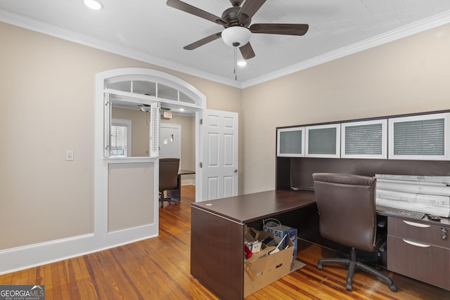 109 Stockbridge Rd, Jonesboro, GA 30236 - home office with ceiling fan, wood finished floors, ornamental molding, recessed lighting, and baseboards