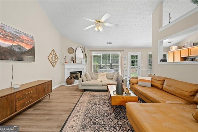 1865 Morgans Run Trl, Buford, GA 30519 - living area with light wood-type flooring, a textured ceiling, ceiling fan, a fireplace, and high vaulted ceiling