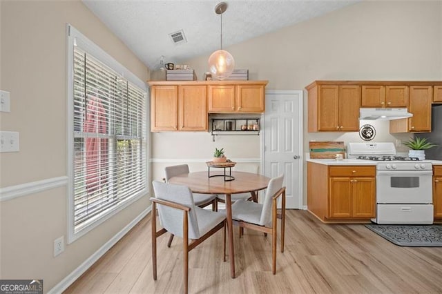 1865 Morgans Run Trl, Buford, GA 30519 - kitchen with gas range gas stove, under cabinet range hood, light wood-type flooring, light countertops, and plenty of natural light