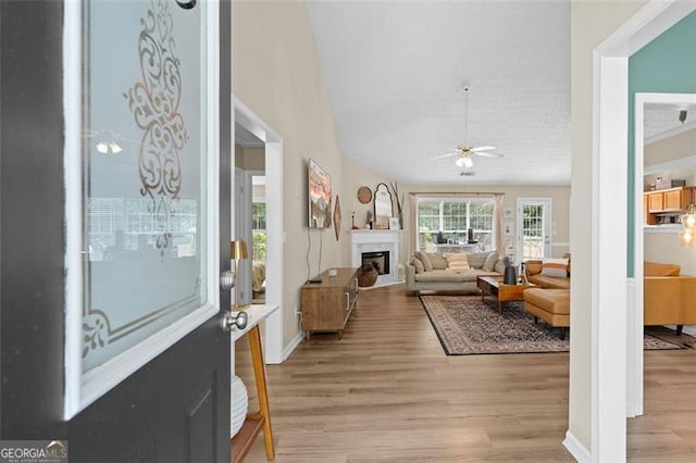 1865 Morgans Run Trl, Buford, GA 30519 - foyer featuring a ceiling fan, light wood finished floors, a fireplace, and vaulted ceiling