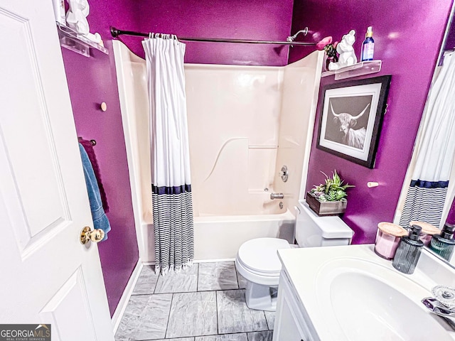 329 Royal Crescent Way, Stockbridge, GA 30281 - bathroom with shower / bath combo with shower curtain, vanity, toilet, marble look tiles, and baseboards