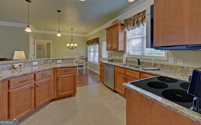 60 Villa Cts, Hartwell, GA 30643 - kitchen with stainless steel dishwasher, a sink, decorative light fixtures, a chandelier, and brown cabinetry