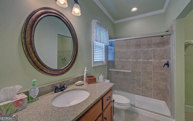 60 Villa Cts, Hartwell, GA 30643 - full bath featuring toilet, a tile shower, vanity, ornamental molding, and recessed lighting