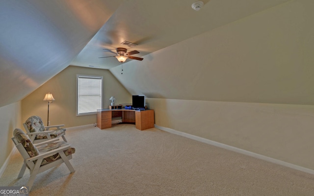 60 Villa Cts, Hartwell, GA 30643 - office space featuring baseboards, ceiling fan, light carpet, and lofted ceiling