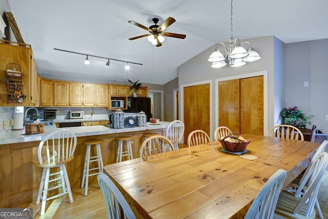 557 Hidden Pines Ct, Hiawassee, GA 30546 - dining area featuring light wood-style floors, lofted ceiling, a ceiling fan, a chandelier, and track lighting