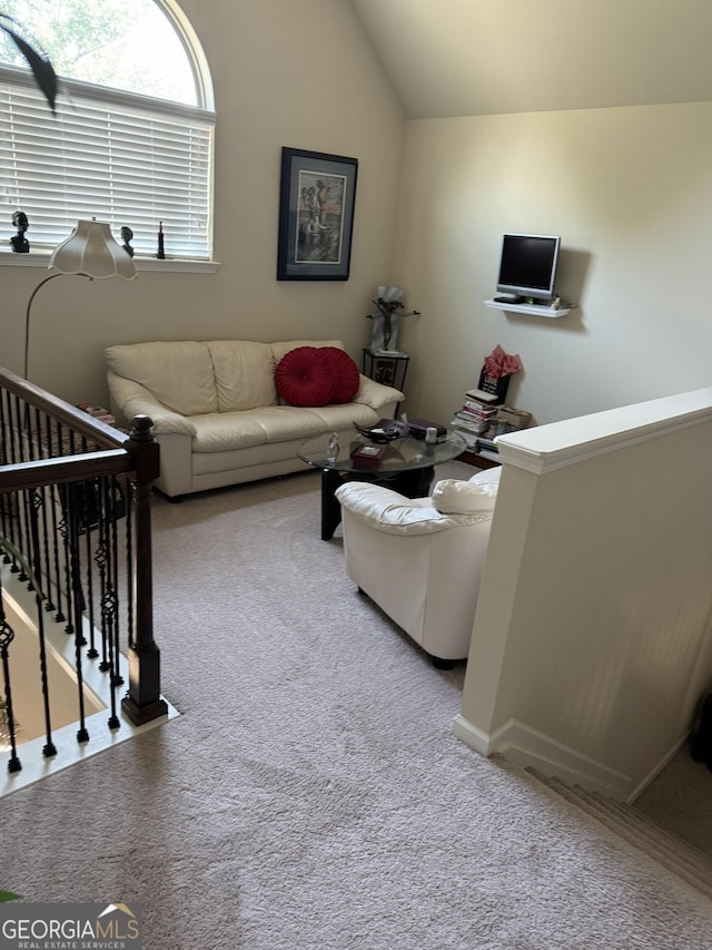 860 Nevis Way, Mcdonough, GA 30253 - living area featuring vaulted ceiling and carpet flooring