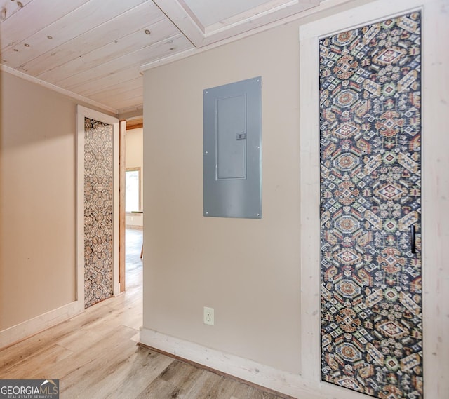 5198 Hwy 52 E, Ellijay, GA 30536 - hallway with electric panel, wood finished floors, baseboards, and wood ceiling