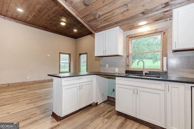 5198 Hwy 52 E, Ellijay, GA 30536 - kitchen with wooden ceiling, a sink, a peninsula, dark countertops, and light wood-type flooring