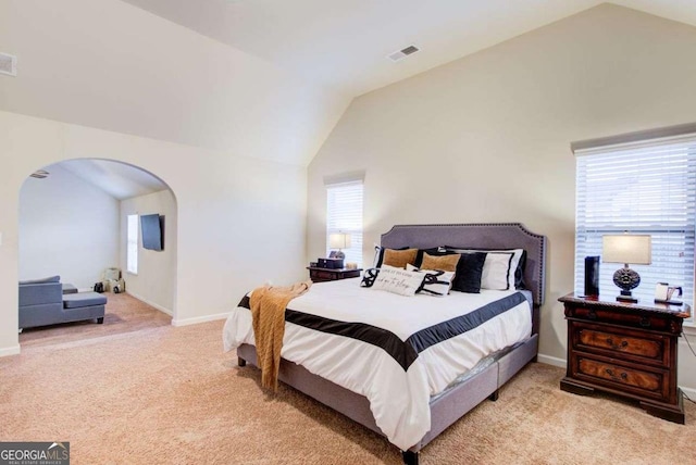 3746 Okefenokee Rdg, Loganville, GA 30052 - bedroom with lofted ceiling, light colored carpet, arched walkways, and multiple windows