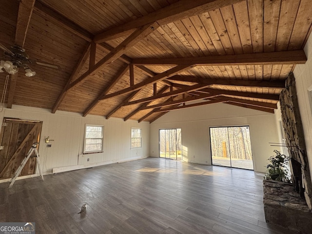 427 Bakers Fiord, Sautee Nacoochee, GA 30571 - unfurnished living room with wooden ceiling, dark wood-type flooring, and ceiling fan