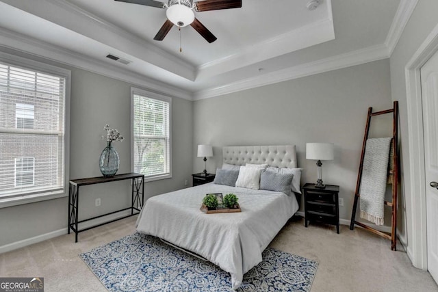 747 Topsail Ln, Alpharetta, GA 30005 - bedroom featuring a raised ceiling, light colored carpet, crown molding, and a ceiling fan
