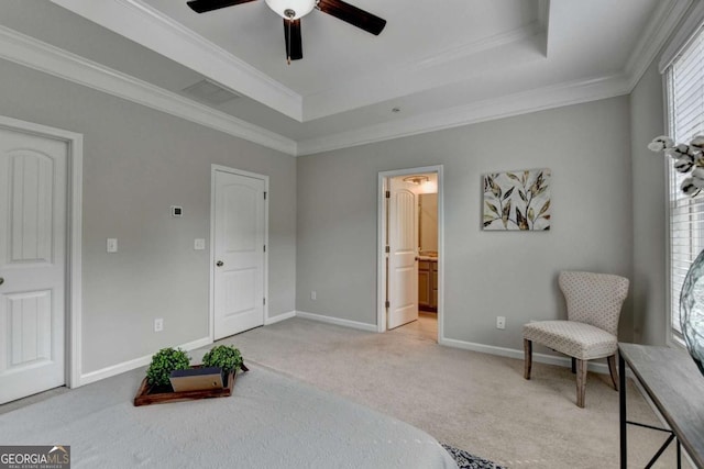 747 Topsail Ln, Alpharetta, GA 30005 - bedroom featuring carpet, a raised ceiling, crown molding, a ceiling fan, and ensuite bath