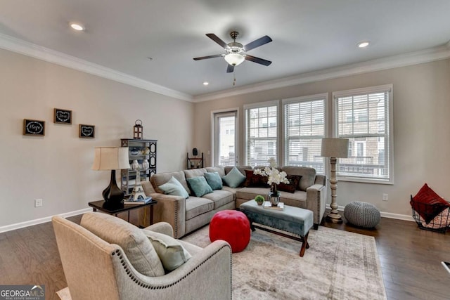 747 Topsail Ln, Alpharetta, GA 30005 - living area featuring ceiling fan, wood finished floors, recessed lighting, and ornamental molding