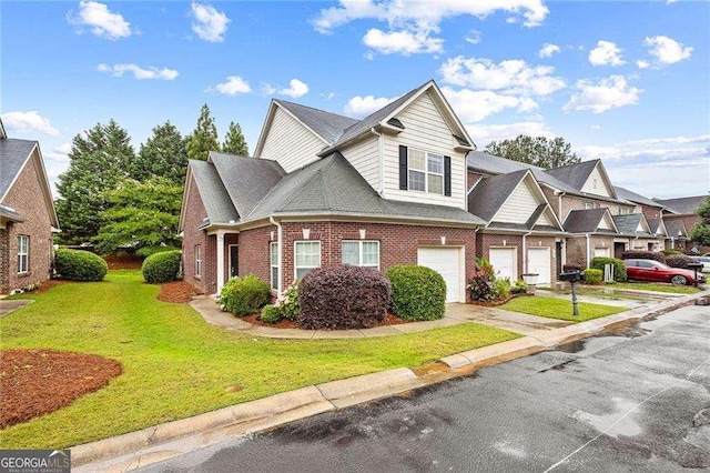 124 Granite Way, Newnan, GA 30265 - view of front of home with concrete driveway, an attached garage, a front lawn, and brick siding