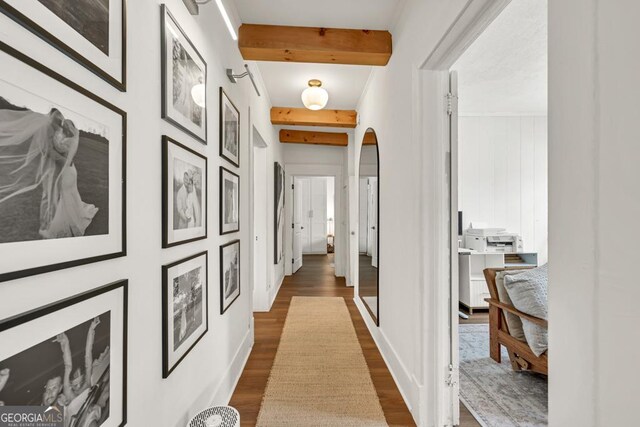 575 E Main St, Buford, GA 30518 - hallway with dark wood-type flooring and beamed ceiling