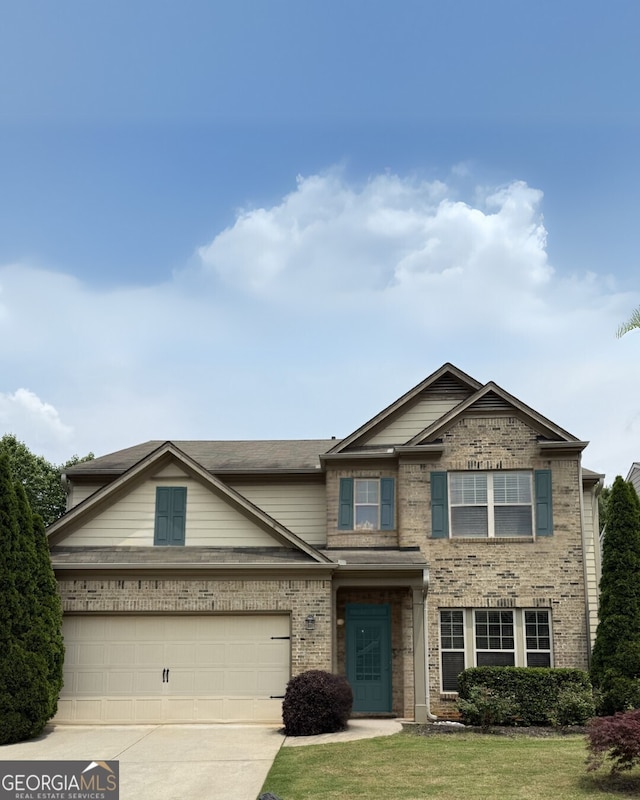 4965 Brierstone Dr, Alpharetta, GA 30004 - view of front facade with driveway, brick siding, a garage, and a front yard