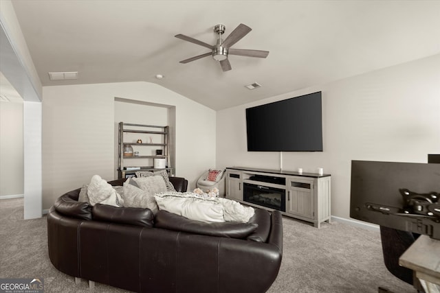 4965 Brierstone Dr, Alpharetta, GA 30004 - living room with light carpet, ceiling fan, vaulted ceiling, and baseboards