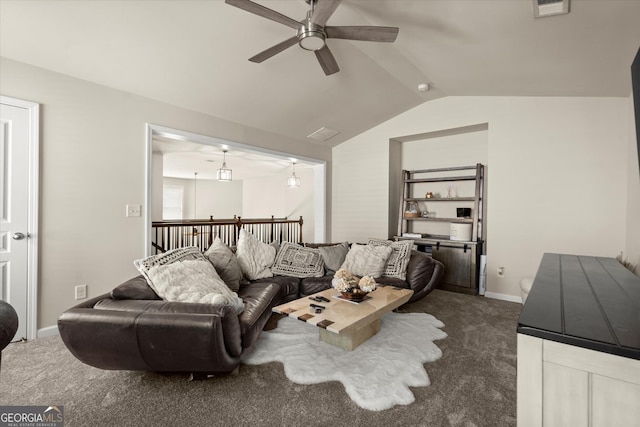 4965 Brierstone Dr, Alpharetta, GA 30004 - living area with a ceiling fan, dark colored carpet, lofted ceiling, and baseboards