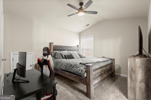 4965 Brierstone Dr, Alpharetta, GA 30004 - carpeted bedroom with lofted ceiling, a ceiling fan, and baseboards