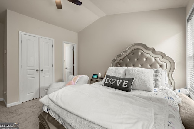 4965 Brierstone Dr, Alpharetta, GA 30004 - carpeted bedroom featuring lofted ceiling, a closet, baseboards, and ceiling fan