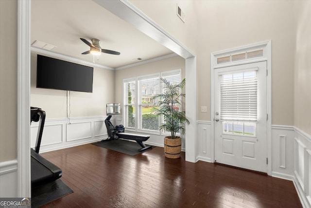 4965 Brierstone Dr, Alpharetta, GA 30004 - workout area with ceiling fan, wainscoting, ornamental molding, a decorative wall, and wood finished floors