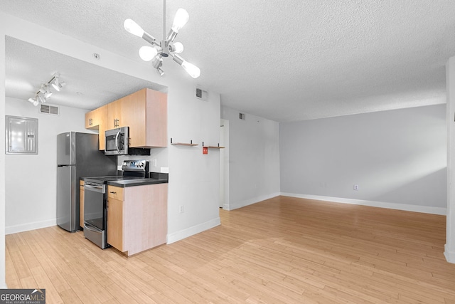 387 Ralph Mcgill Blvd NE Unit K, Atlanta, GA 30312 - kitchen featuring stainless steel appliances, a textured ceiling, electric panel, dark countertops, and light wood-style floors