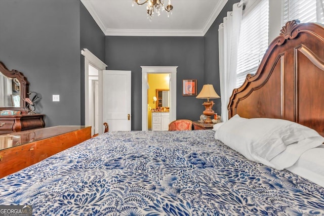 403 E Robert Toombs Ave, Washington, GA 30673 - bedroom featuring multiple windows, crown molding, a chandelier, and connected bathroom