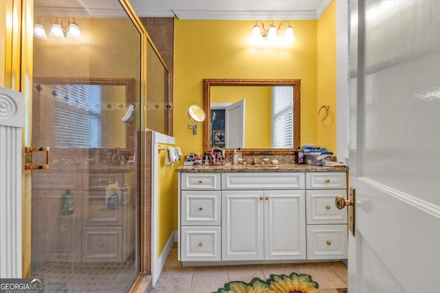 403 E Robert Toombs Ave, Washington, GA 30673 - full bathroom with vanity, a stall shower, crown molding, and tile patterned flooring