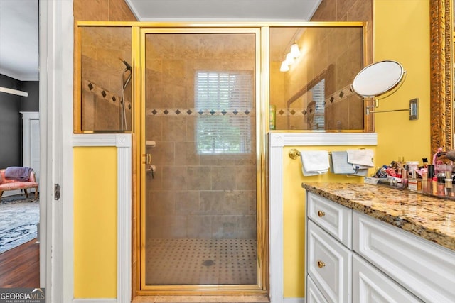 403 E Robert Toombs Ave, Washington, GA 30673 - bathroom featuring a shower stall, vanity, and crown molding