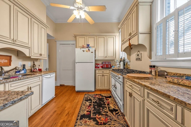 403 E Robert Toombs Ave, Washington, GA 30673 - kitchen with white appliances, cream cabinets, a sink, ceiling fan, and crown molding
