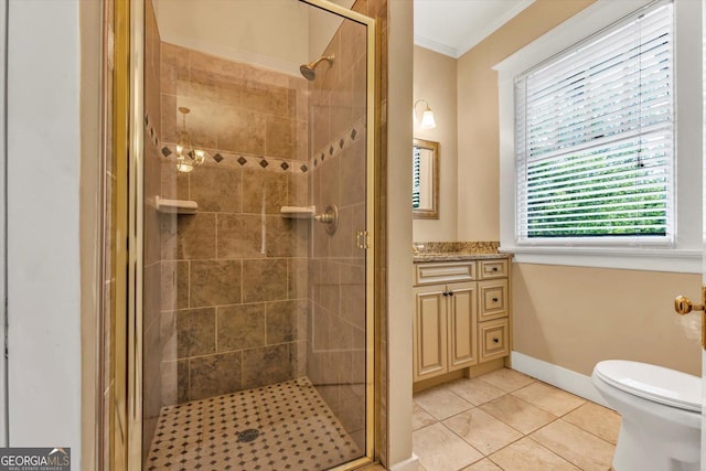 403 E Robert Toombs Ave, Washington, GA 30673 - full bathroom featuring ornamental molding, vanity, a stall shower, toilet, and tile patterned floors