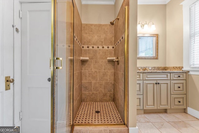 403 E Robert Toombs Ave, Washington, GA 30673 - bathroom with a stall shower, vanity, crown molding, and tile patterned floors