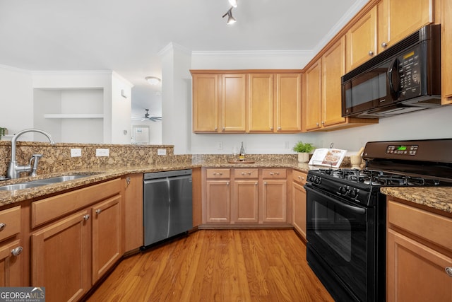 3655 Chattahoochee Summit Dr SE Unit 16, Atlanta, GA 30339 - kitchen featuring black appliances, a sink, light wood-type flooring, a ceiling fan, and light stone counters