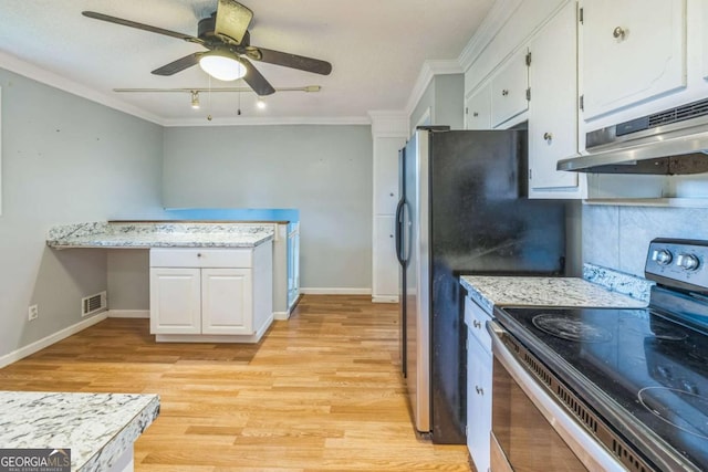 4572 Colonial Rd, Augusta, GA 30907 - kitchen featuring stainless steel electric range oven, under cabinet range hood, a ceiling fan, light wood-type flooring, and white cabinets