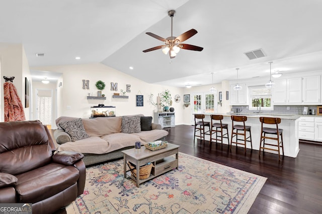 4180 Gables Pl, Buford, GA 30519 - living area with lofted ceiling, a ceiling fan, dark wood-style flooring, and recessed lighting