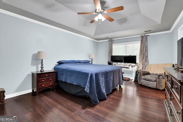 4180 Gables Pl, Buford, GA 30519 - bedroom featuring a tray ceiling, wood finished floors, a ceiling fan, and crown molding