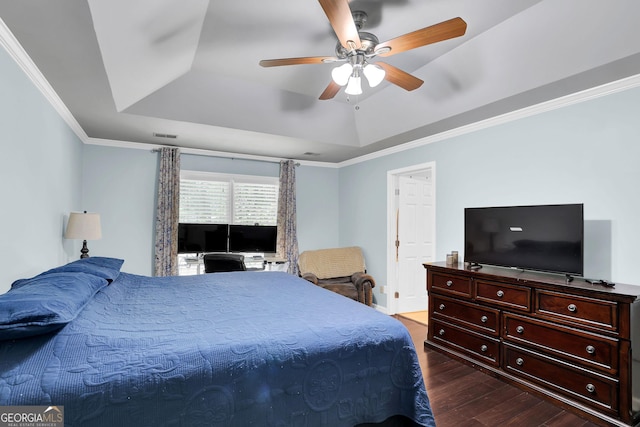 4180 Gables Pl, Buford, GA 30519 - bedroom featuring a raised ceiling, dark wood-style floors, ornamental molding, and ceiling fan