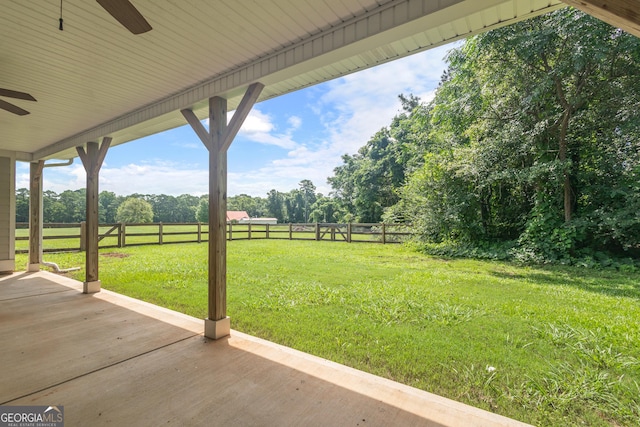 104 Bonny Oaks Dr, Lagrange, GA 30240 - view of yard with ceiling fan, a view of rural / pastoral area, view of wooded area, and a patio