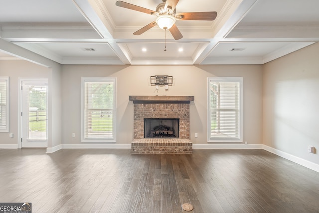 104 Bonny Oaks Dr, Lagrange, GA 30240 - unfurnished living room featuring coffered ceiling, dark wood-type flooring, a fireplace, beamed ceiling, and ceiling fan