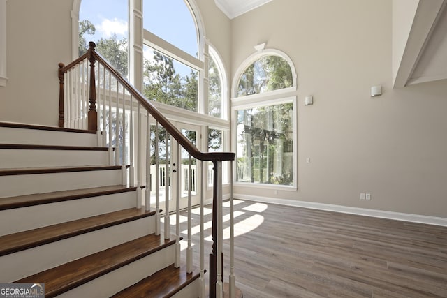 515 Youmans Rd, Midway, GA 31320 - stairway with a high ceiling, wood finished floors, baseboards, and crown molding