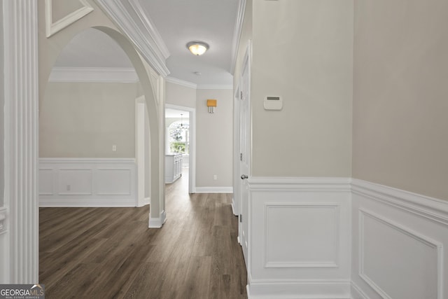 515 Youmans Rd, Midway, GA 31320 - corridor featuring ornamental molding, dark wood-style flooring, wainscoting, and a decorative wall