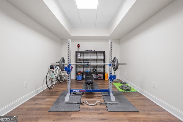 1280 Trinity Church Rd, Canton, GA 30115 - workout room featuring a raised ceiling, baseboards, and wood finished floors