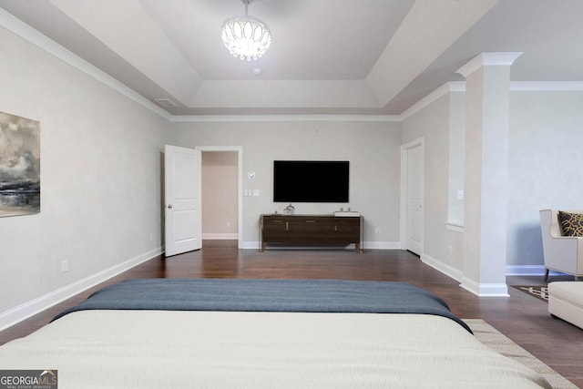3758 Lake Haven Way, Atlanta, GA 30349 - bedroom with a tray ceiling, wood finished floors, baseboards, a chandelier, and ornamental molding