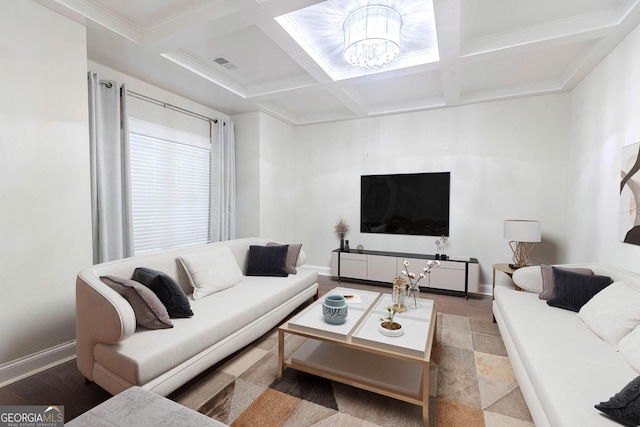 3758 Lake Haven Way, Atlanta, GA 30349 - living area with coffered ceiling, a chandelier, beam ceiling, baseboards, and wood finished floors