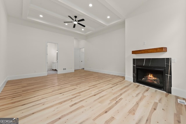 305 Etowah Cove Rd, Dahlonega, GA 30533 - unfurnished living room with wood finished floors, a fireplace, recessed lighting, ceiling fan, and beamed ceiling