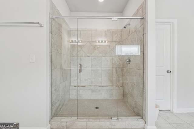 3755 Gardenside Ct, Alpharetta, GA 30004 - full bath featuring a shower stall, tile patterned floors, and baseboards