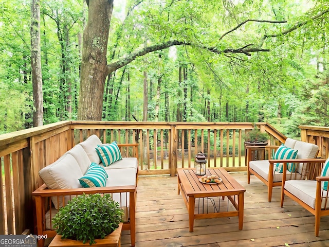 70 Priscilla Way, Newnan, GA 30265 - wooden deck with an outdoor living space and a wooded view