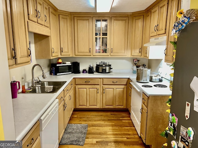 3272 Horace Rd, Bowman, GA 30624 - kitchen with white appliances, under cabinet range hood, a sink, light countertops, and light wood-style floors