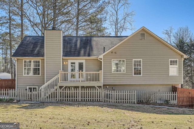 13 Cliff Ct, Villa Rica, GA 30180 - back of house with french doors, a chimney, roof with shingles, a wooden deck, and stairway